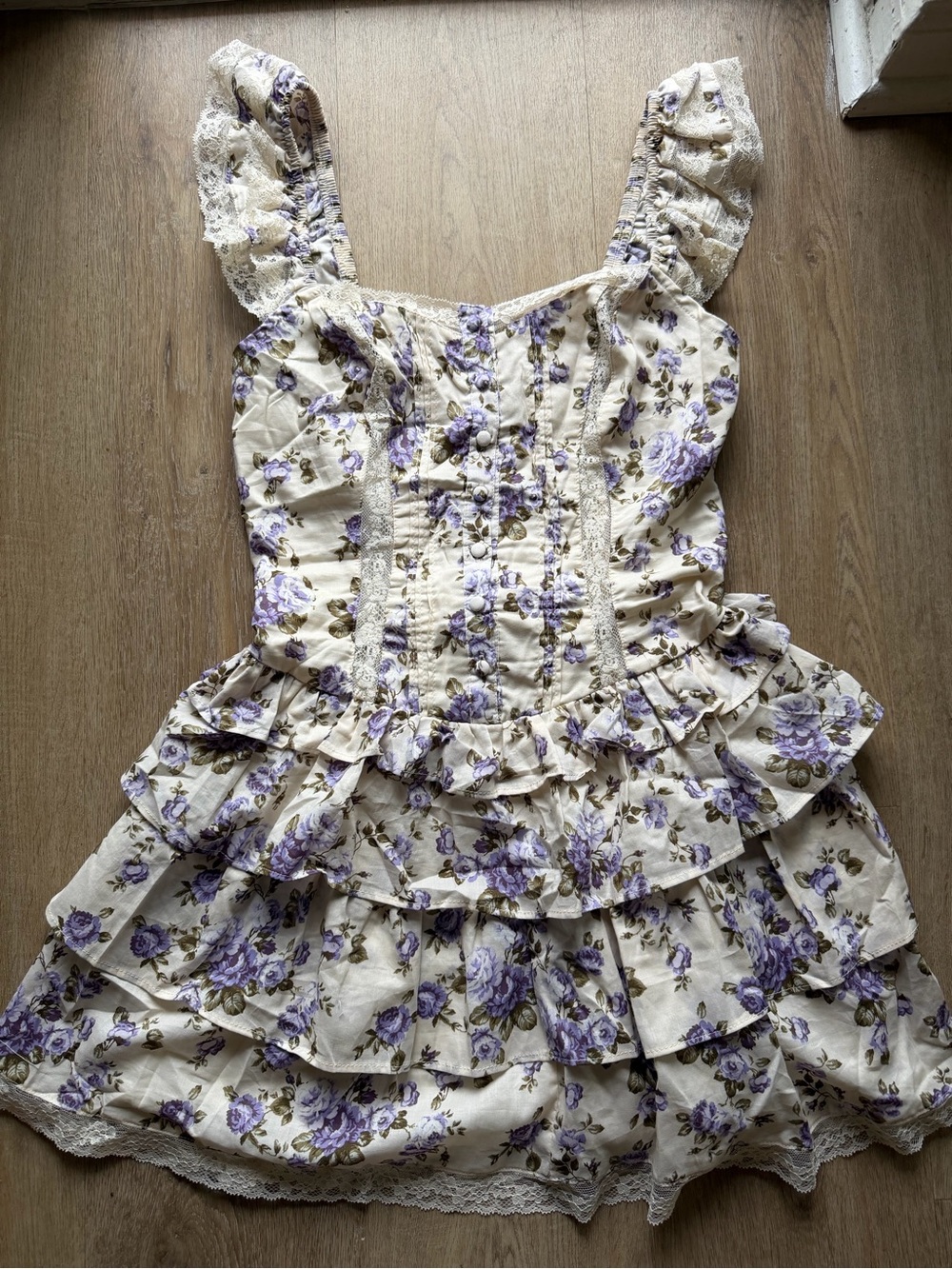 Floral Ruffle Mini Dress in Cream and Lavender